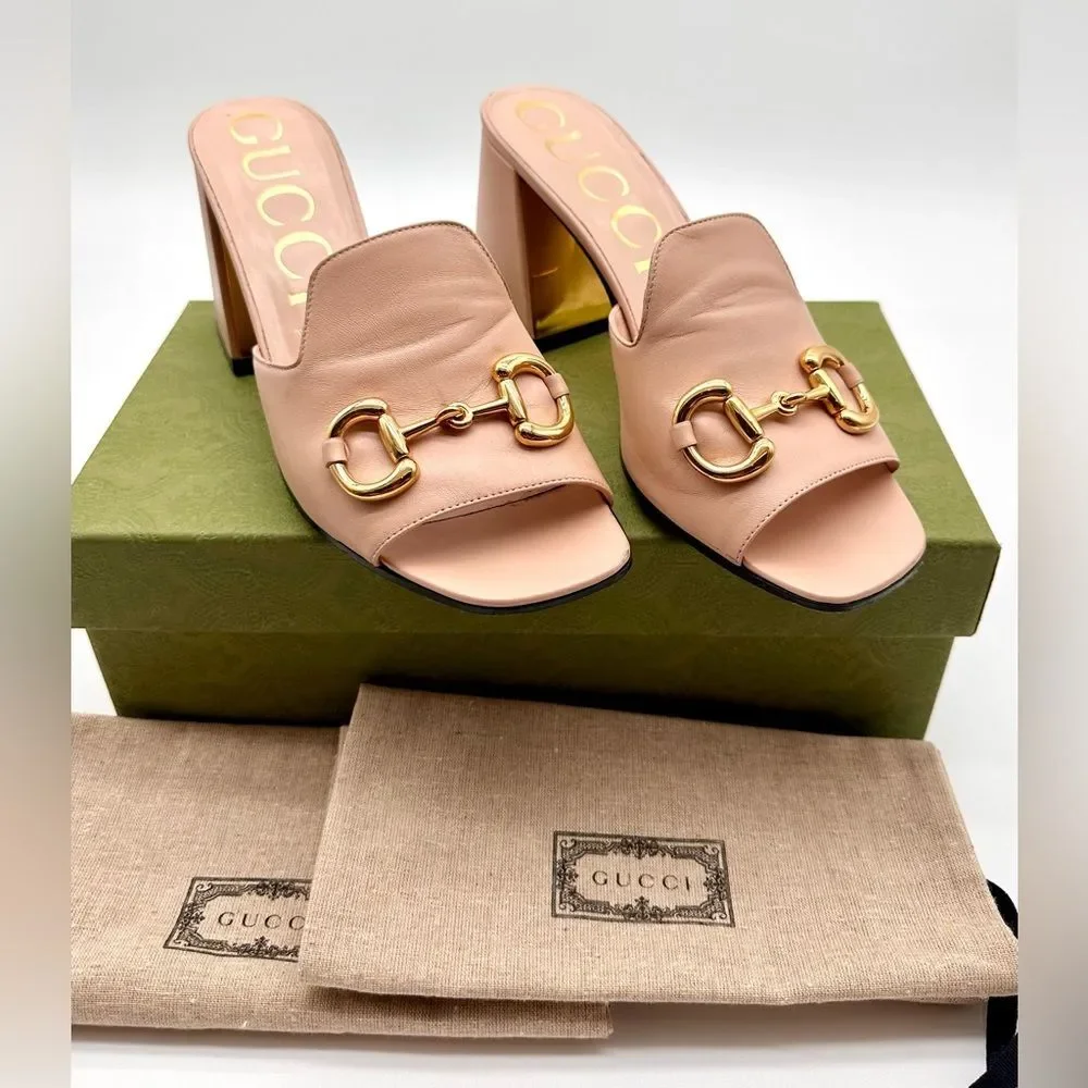 Gucci Baby Horsebit Block Heel Slide Mules Leather In Pink Rose EU 41 US 11 - Picture 1 of 13